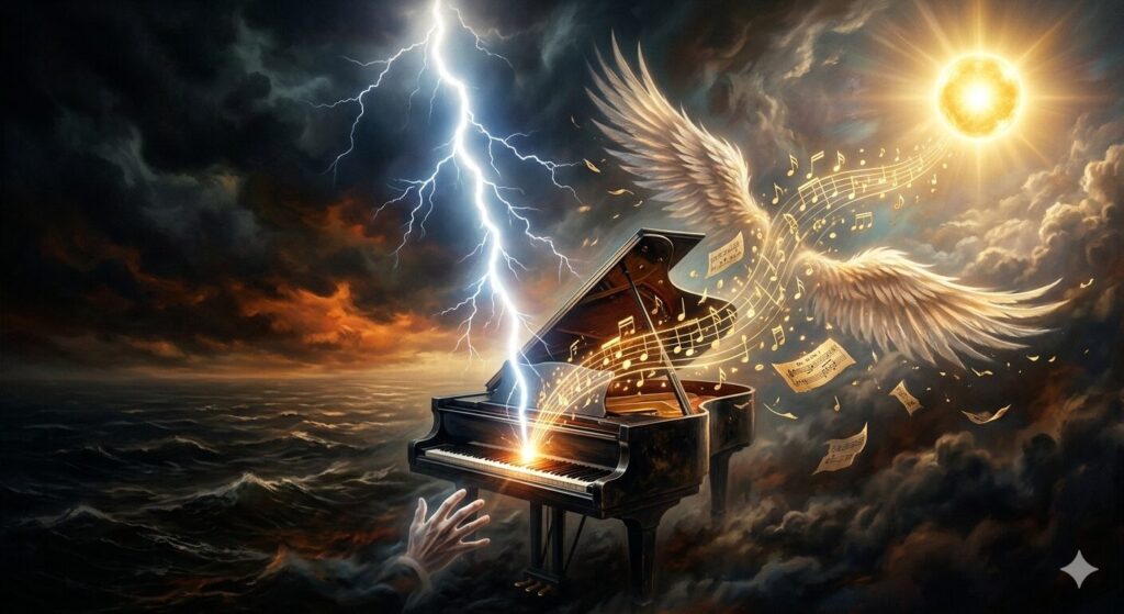 コンセプト:
「死の恐怖(暗闇)」の中から、魂の願いに目覚める「稲妻(悟り)」が走り、そのエネルギーが「ピアノ(肉体)」を通じて「不滅の響き(Solの光)」へと昇華されていく、劇的な瞬間。
具体的な視覚要素:
中央:
深く、重厚なハ短調の世界を象徴する、漆黒のグランドピアノ。鍵盤の上には、熱のこもった演奏を終えたばかりのような、余韻を感じさせる手。
背景(左側:A部分):
渦巻くような、濃いハ短調の霧。死の恐怖や孤独を表現する、冷たく、沈み込むような青黒い色彩。
背景(中央〜右側:B〜A'部分):
その暗闇を切り裂くように、天から真っ直ぐにピアノの鍵盤(特にSolの音)へ向かって振り下ろされる、鮮烈な「稲妻」の閃光。
ピアノの周囲(A'〜最終和音):
稲妻に打たれたピアノから、無数の金色の音符や譜面の断片が、まるで「魂の翼」のように、らせんを描きながら天へと舞い上がっていく。
最上部(Solの光):
舞い上がった音符たちが、天高くで一つの強く、揺るぎない「金色の光の点(Solの音)」となり、永遠に響き続けるかのように輝いている。
全体の雰囲気:
悲壮感(暗闇)がありつつも、それを圧倒的なエネルギー(稲妻と光)が貫き、最終的には「尊さ」と「不滅」を感じさせる、荘厳で美しいファンタジー・リアリズム調の画像。